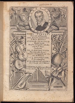 Titelblatt 'Fiori poetici' 1644. Das Porträt gilt als das einzige authentische Bildnis Monteverdis.